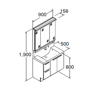 LIXIL/Ｌ.Ｃ　洗面リフォームプラン　間口900ｍｍ　引出タイプ　ミドルグレード扉　三面鏡
